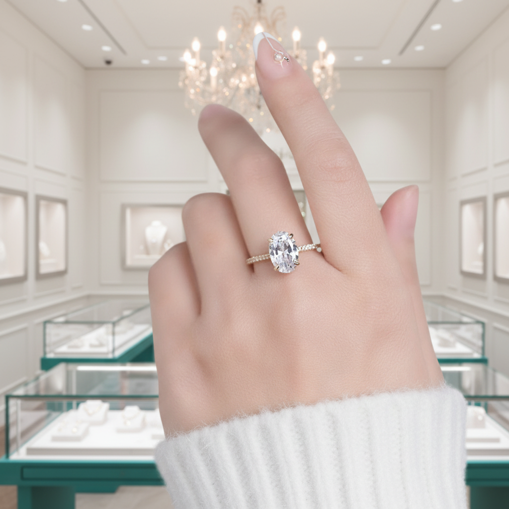 4.0 Ct Oval Cut Diamond Solid Gold Engagement Ring-Evani Jewelry