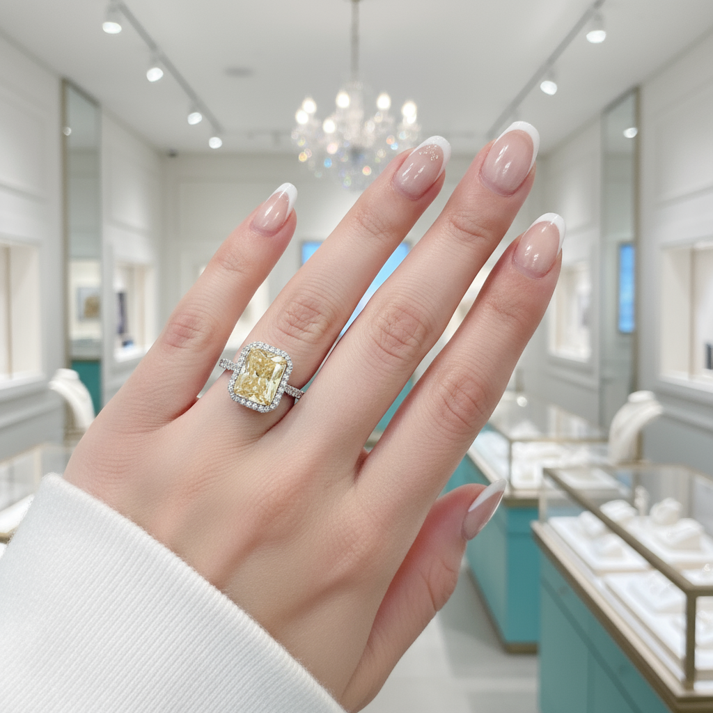 Hand wearing a diamond ring in a jewelry store setting