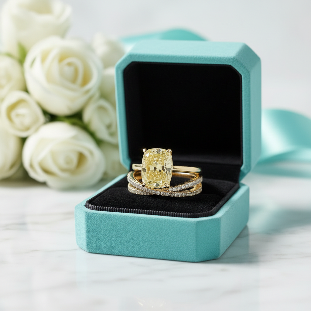 4.5 ct Cushion Cut topaz Gold Wedding Set - Evani Naomi Jewelry