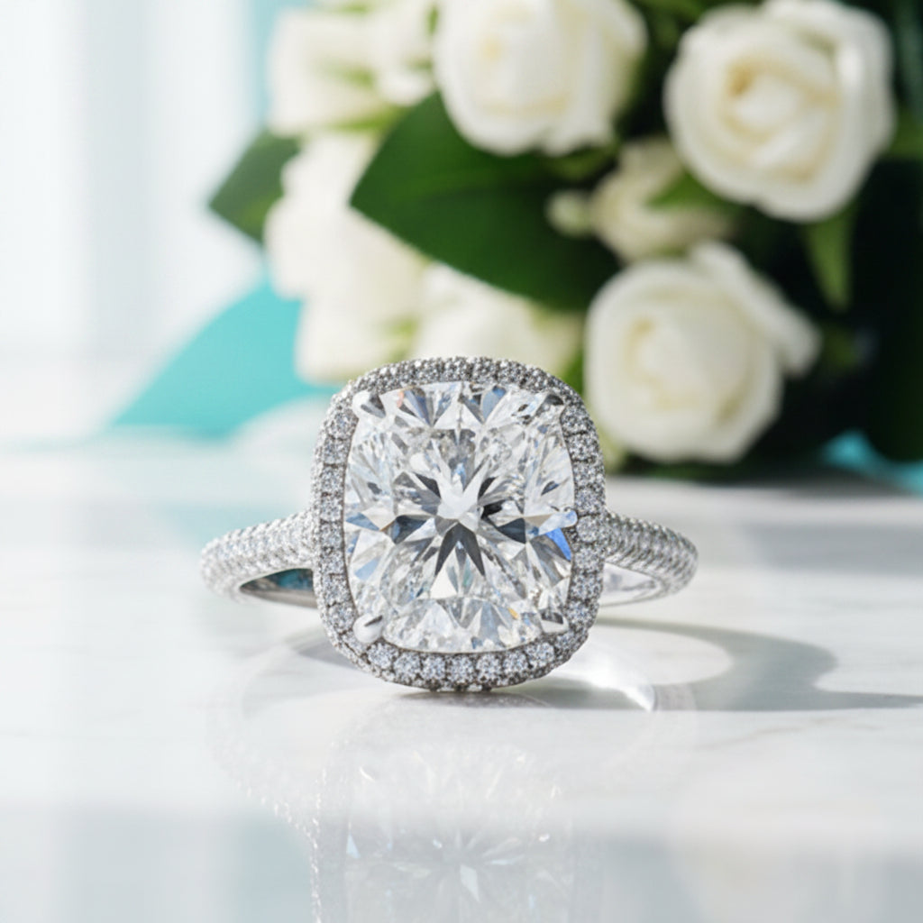 5.0 Ct Cushion Cut Diamond Halo Engagement Ring-Evani Jewelry