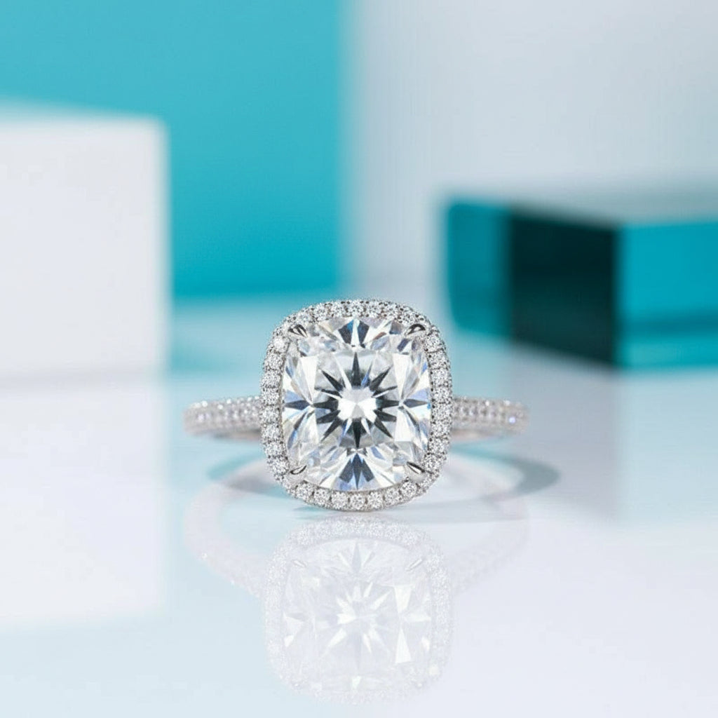 5.0 Ct Cushion Cut Diamond Halo Engagement Ring-Evani Jewelry