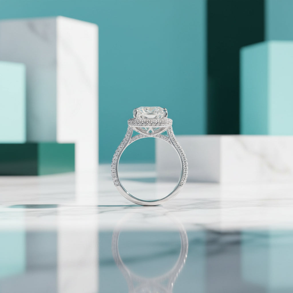 5.0 Ct Cushion Cut Diamond Halo Engagement Ring-Evani Jewelry
