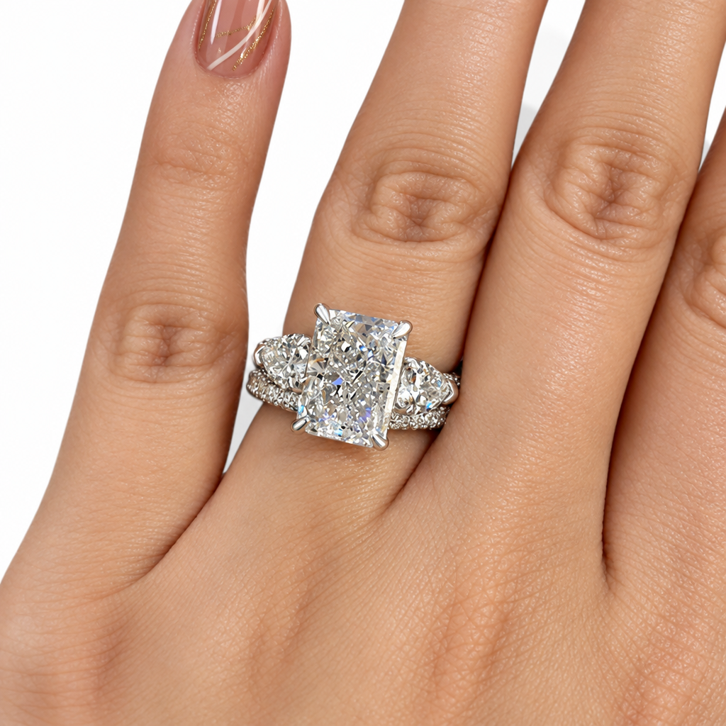 5.0 Ct Radiant Cut & Heart Cut Three Stone Wedding Set-Evani Jewelry