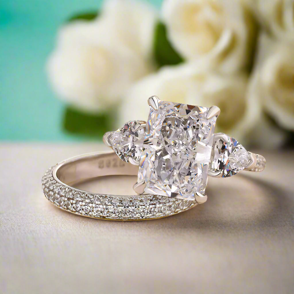 5.0 Ct Radiant Cut & Heart Cut Three Stone Wedding Set-Evani Naomi Jewelry