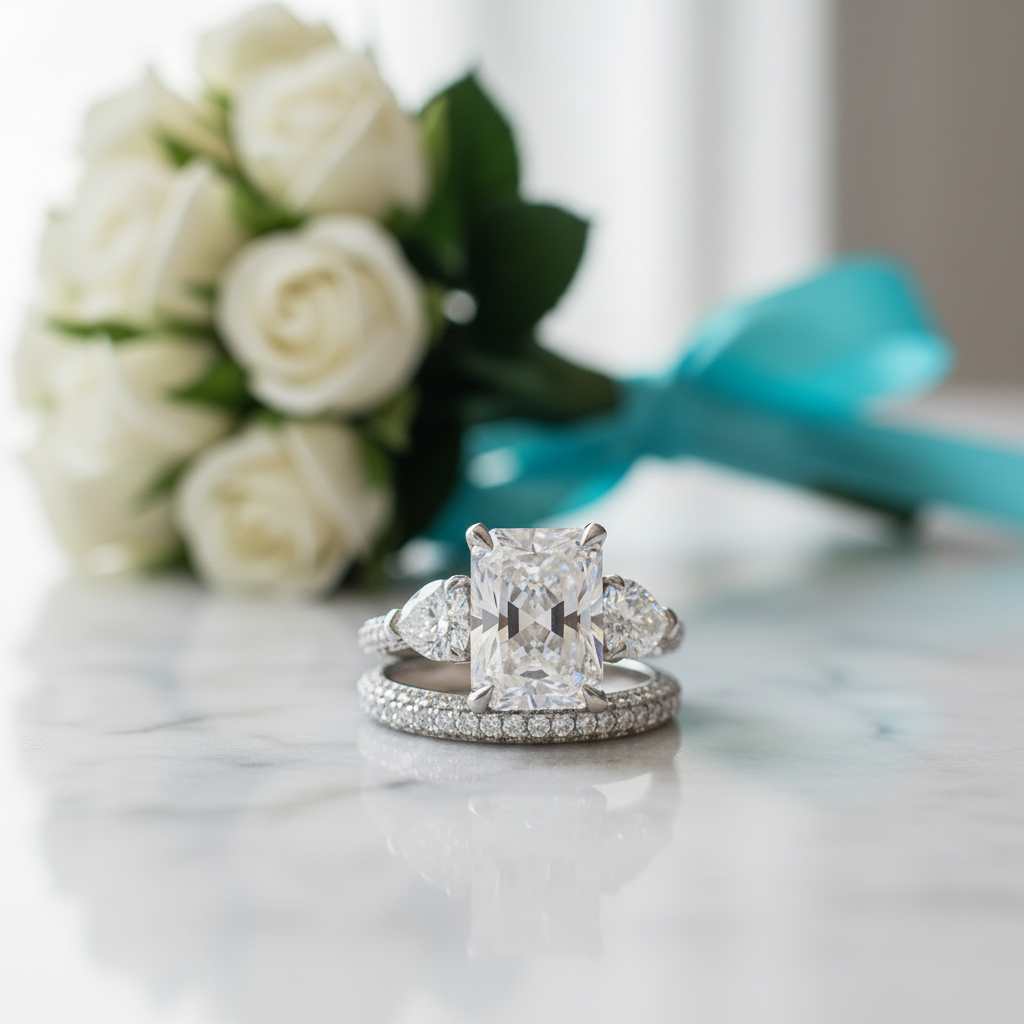 5.0 Ct Radiant Cut & Heart Cut Three Stone Wedding Set-Evani Jewelry