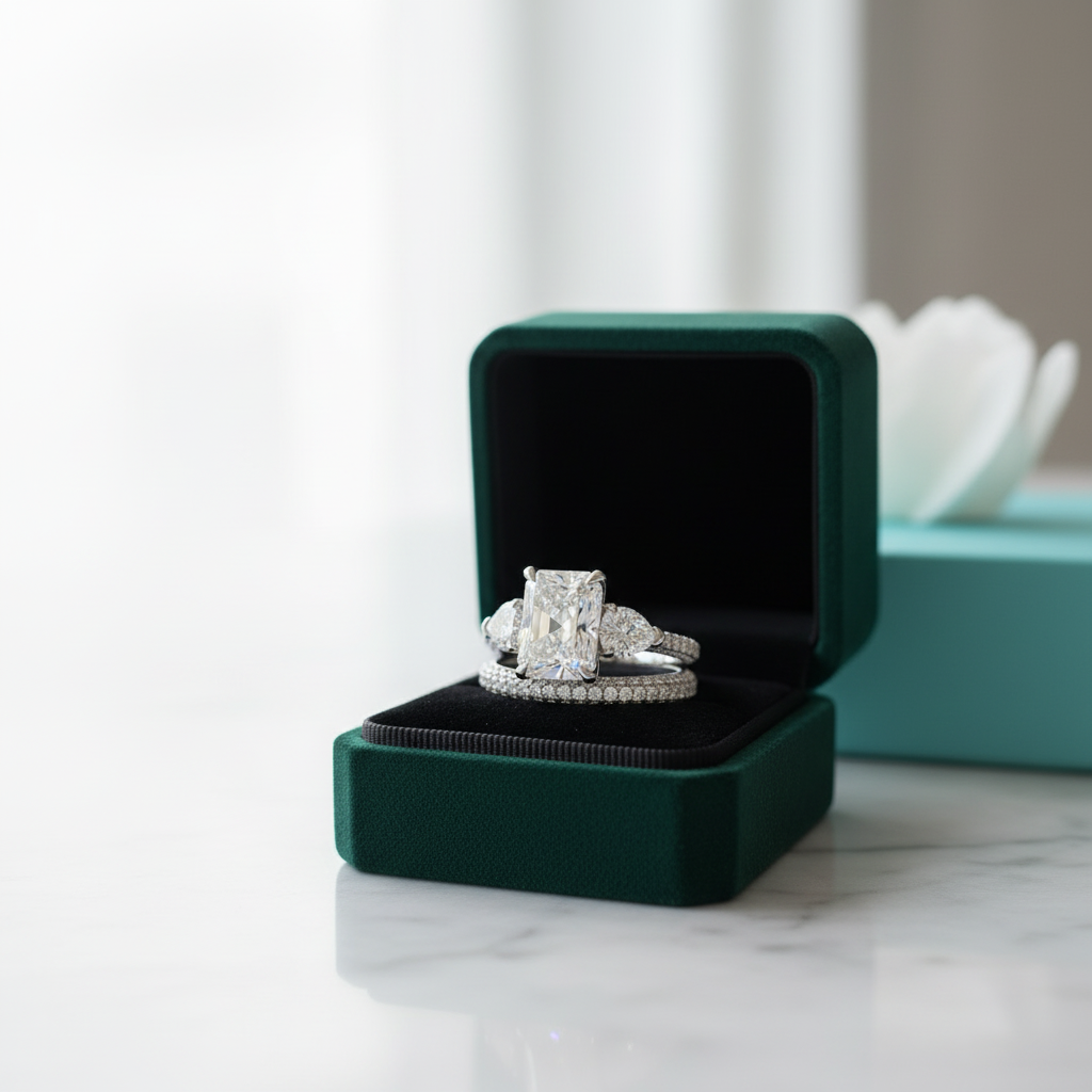 5.0 Ct Radiant Cut & Heart Cut Three Stone Wedding Set - Evani Naomi Jewelry