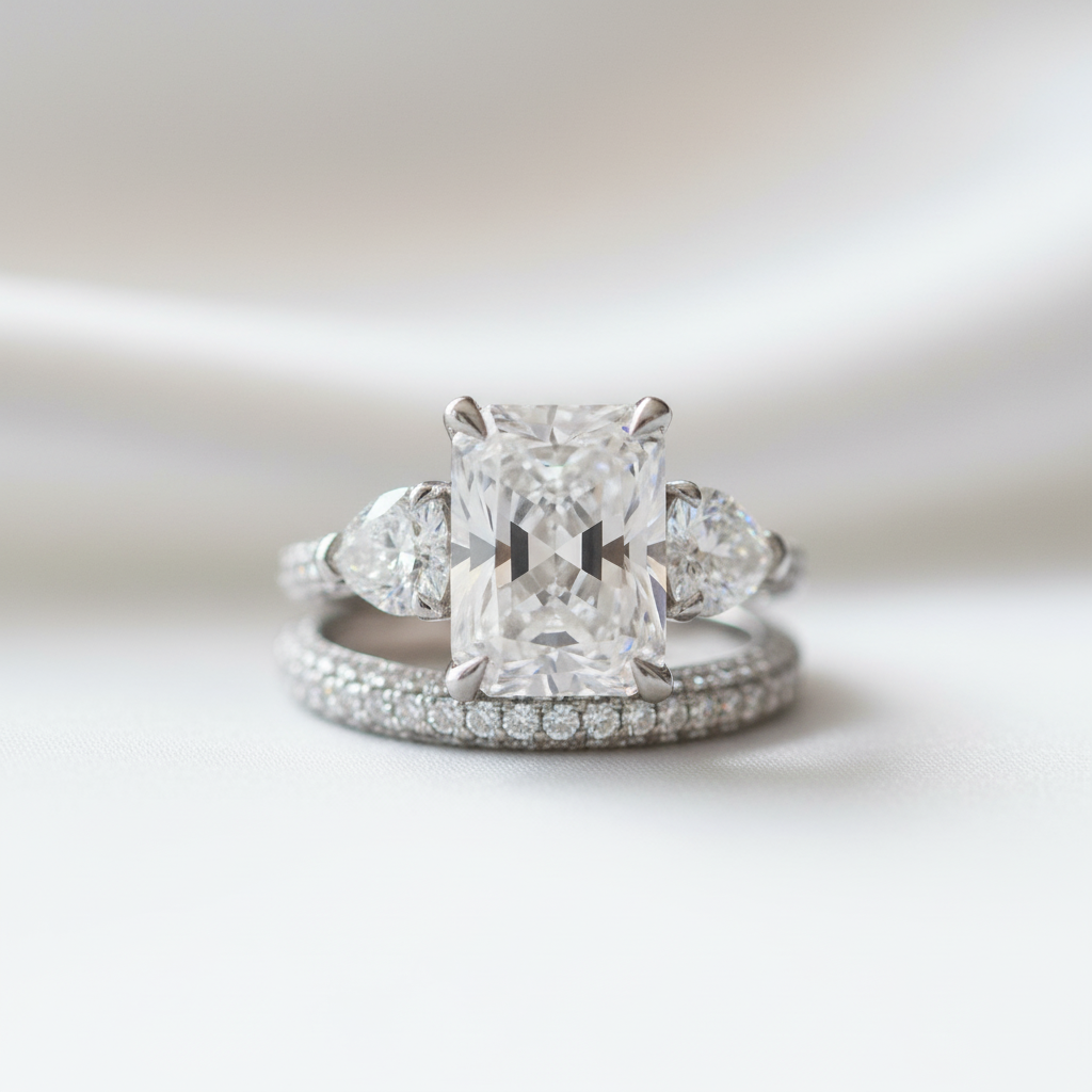 5.0 Ct Radiant Cut & Heart Cut Three Stone Wedding Set - Evani Naomi Jewelry