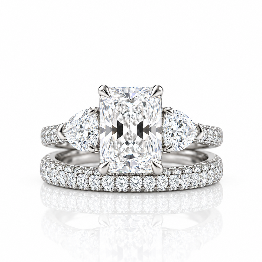 5.0 Ct Radiant Cut & Heart Cut Three Stone Wedding Set - Evani Naomi Jewelry