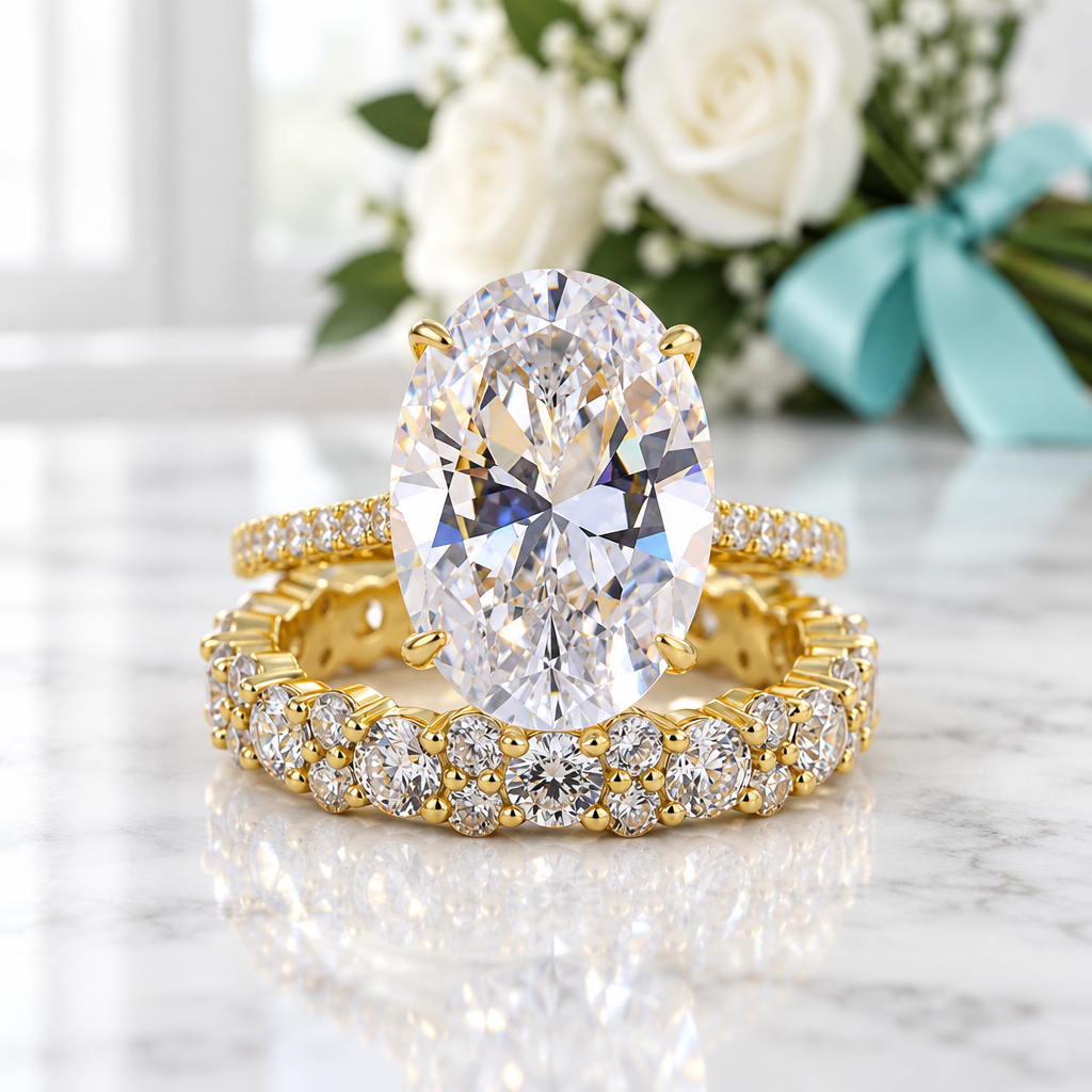 5.0 ct Oval-Cut Yellow Gold Diamond OptionBirthstone Wedding Set - Evani Naomi Jewelry