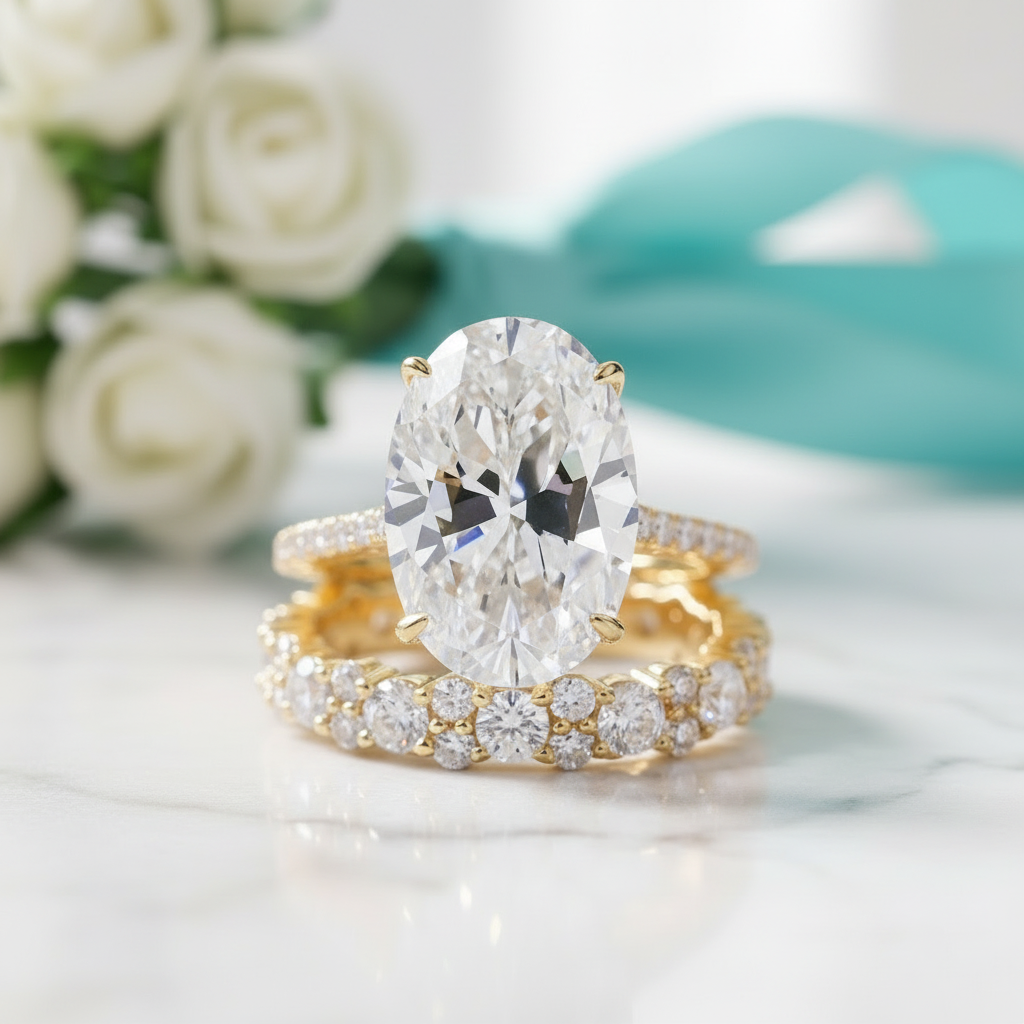 5.0 ct Oval-Cut Yellow Gold Diamond Birthstone Wedding Set-Evani Jewelry