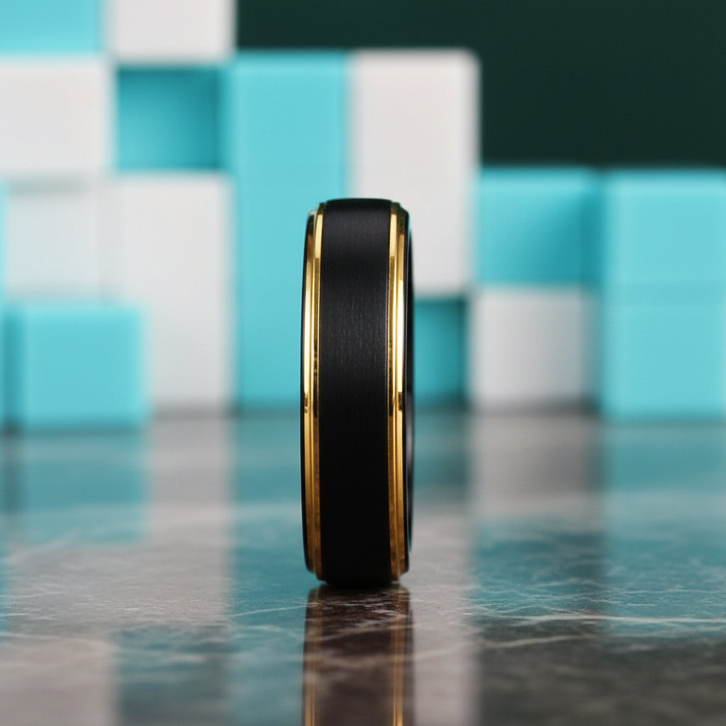 5mm Matte Black & Yellow Gold Men's Tungsten Wedding Band-Evani Jewelry