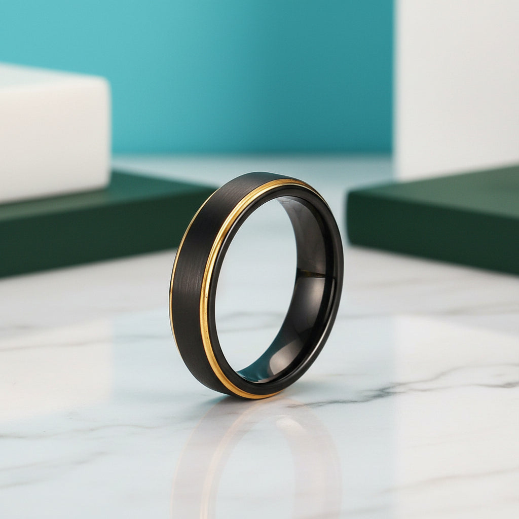 5mm Matte Black & Yellow Gold Men's Tungsten Wedding Band-Evani Jewelry