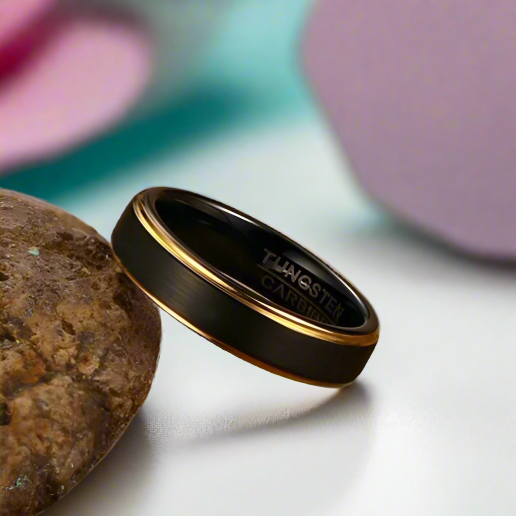 5mm Matte Black & Yellow Gold Men's Tungsten Wedding Band-Evani Naomi Jewelry