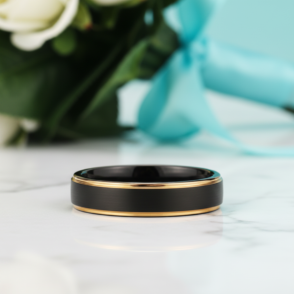 5mm Matte Black & Yellow Gold Men's Tungsten Wedding Band-Evani Jewelry