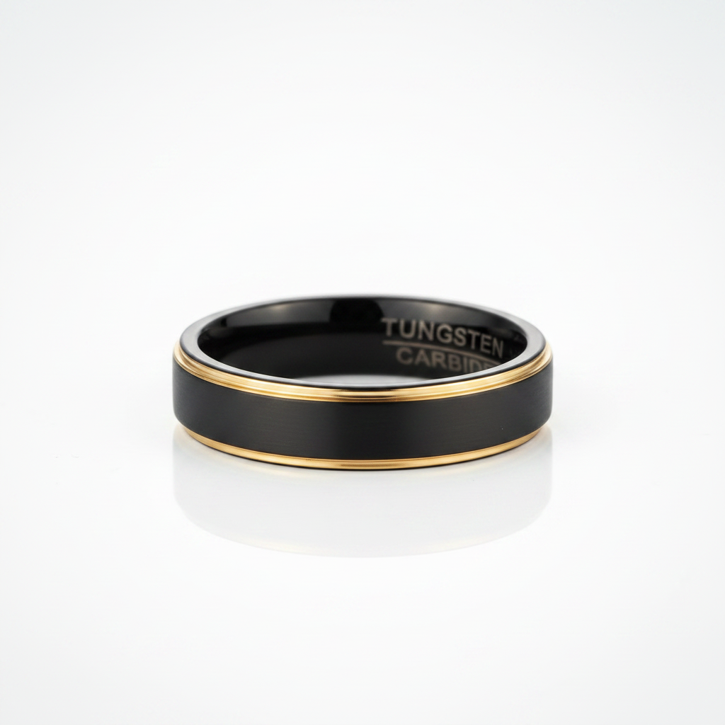 5mm Matte Black & Yellow Gold Men's Tungsten Wedding Band - Evani Naomi Jewelry