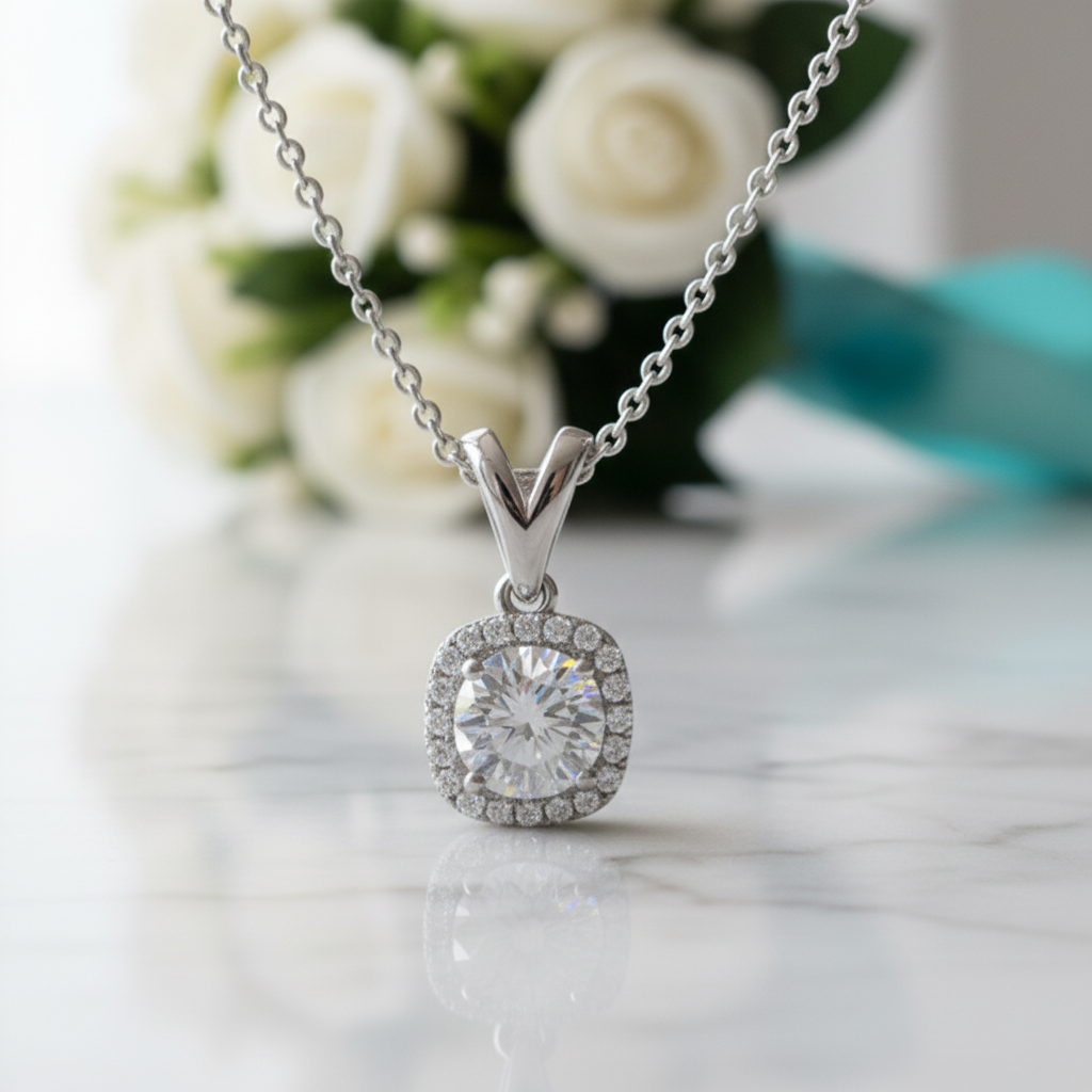 6.5mm Round Cut Diamond Halo Pendant Necklace-Evani Jewelry