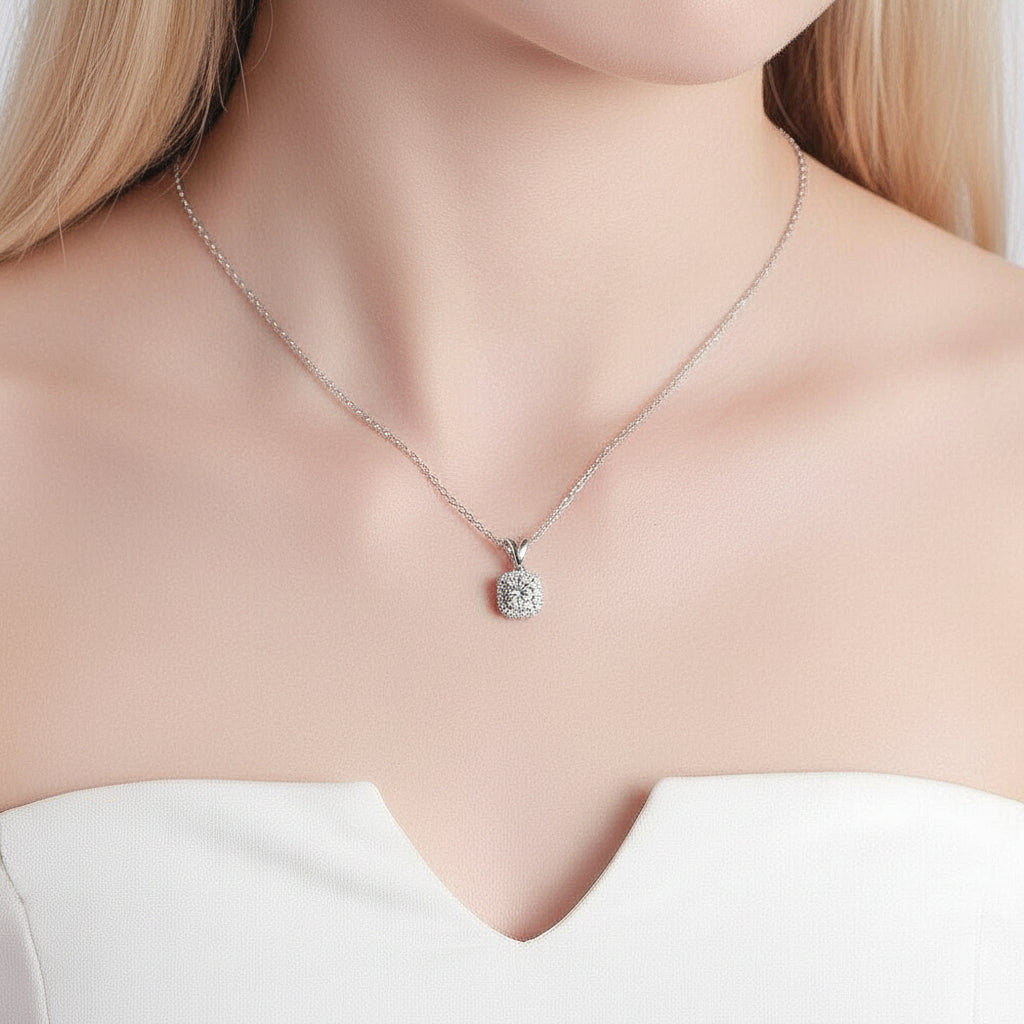 6.5mm Round Cut Diamond Halo Pendant Necklace-Evani Jewelry