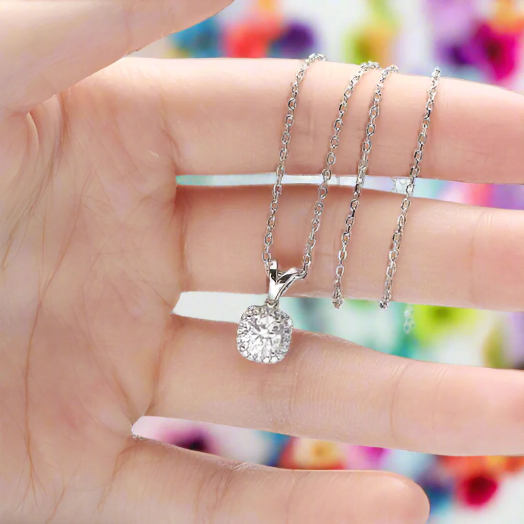 6.5mm Round Cut Diamond Halo Pendant Necklace-Evani Naomi Jewelry