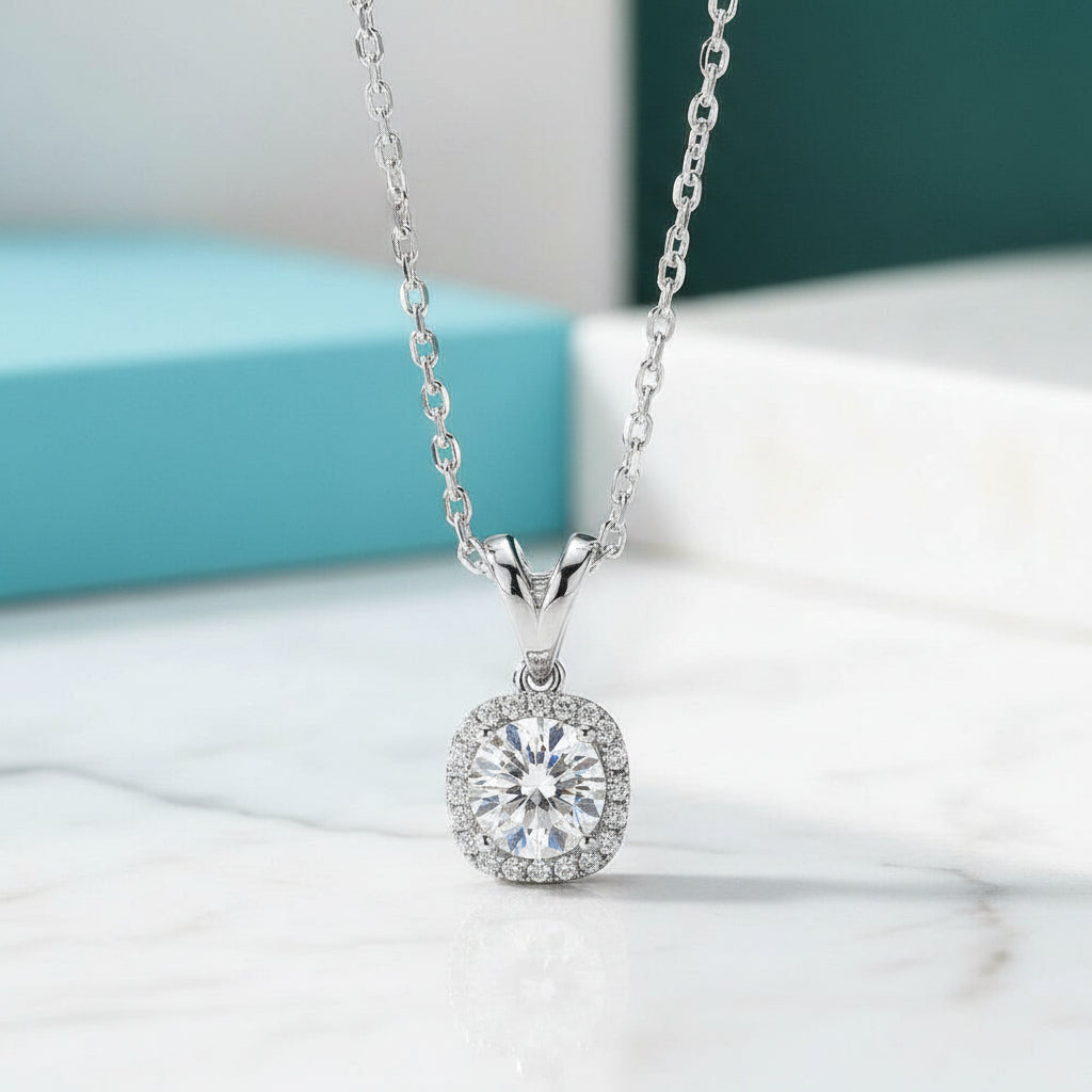 6.5mm Round Cut Diamond Halo Pendant Necklace-Evani Jewelry