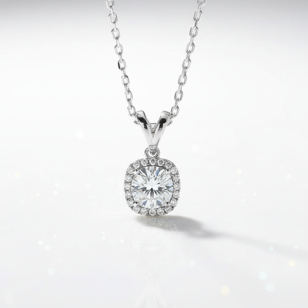 6.5mm Round Cut Diamond Option Halo Pendant Necklace - Evani Naomi Jewelry