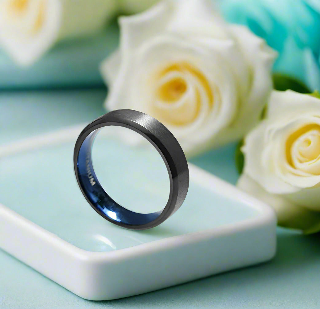 6mm Brushed Black & Blue Unisex Titanium Wedding Band-Evani Naomi Jewelry