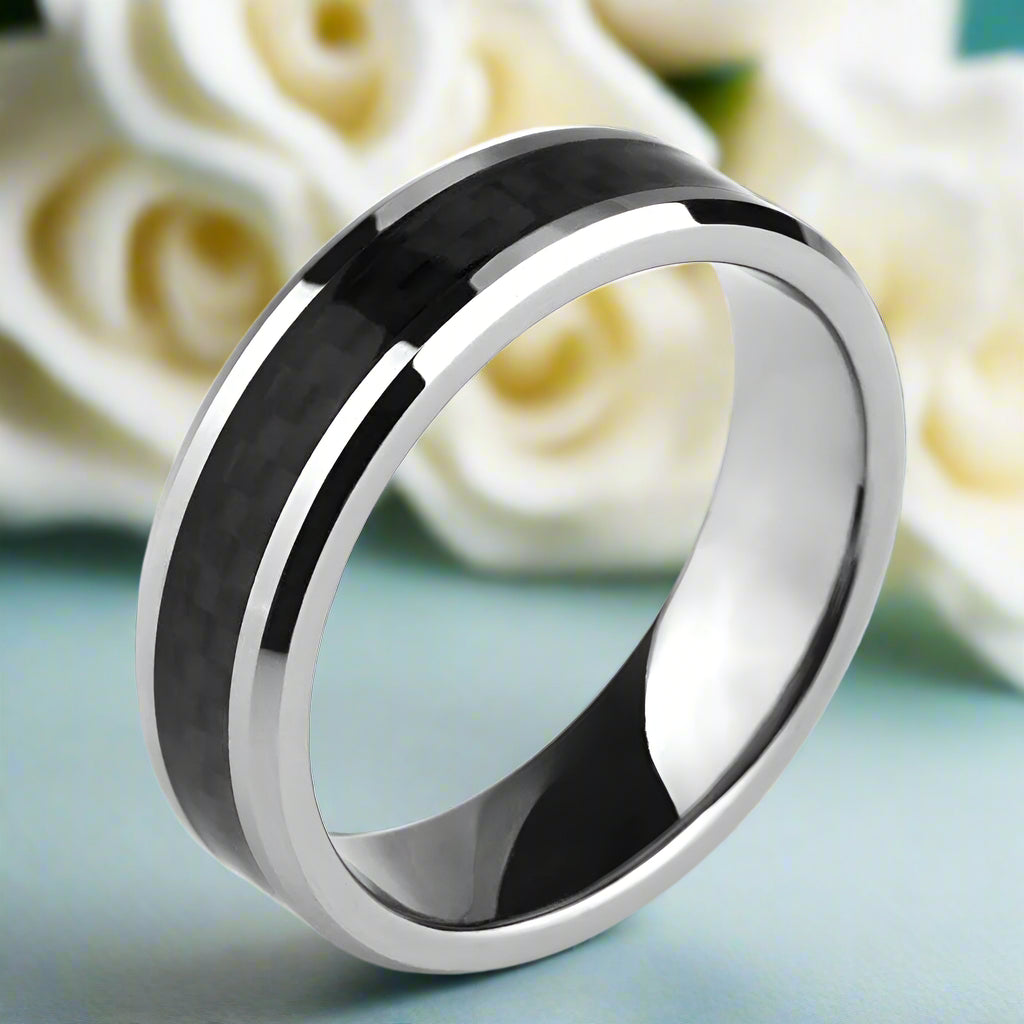 6mm Unisex Tungsten Wedding Band with Black Carbon Fiber Inlay-Evani Naomi Jewelry