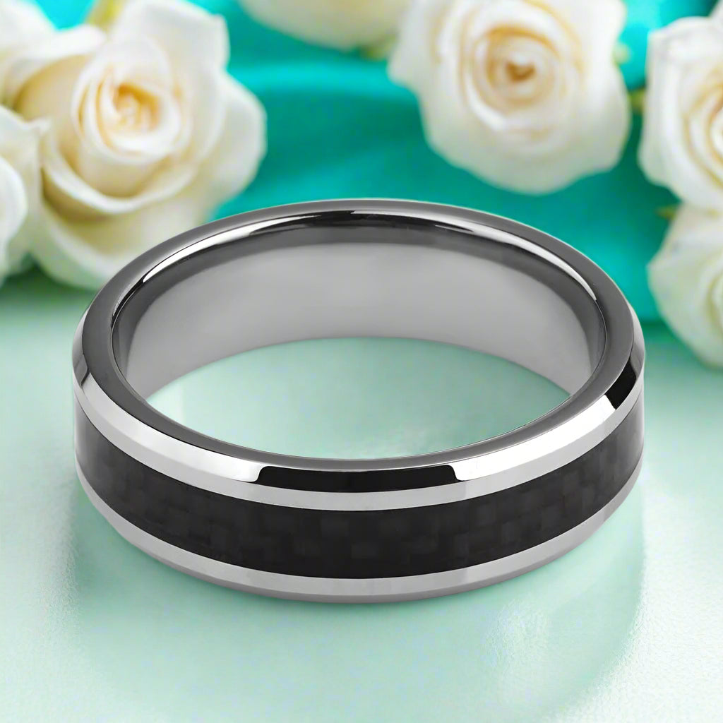 6mm Unisex Tungsten Wedding Band with Black Carbon Fiber Inlay-Evani Naomi Jewelry