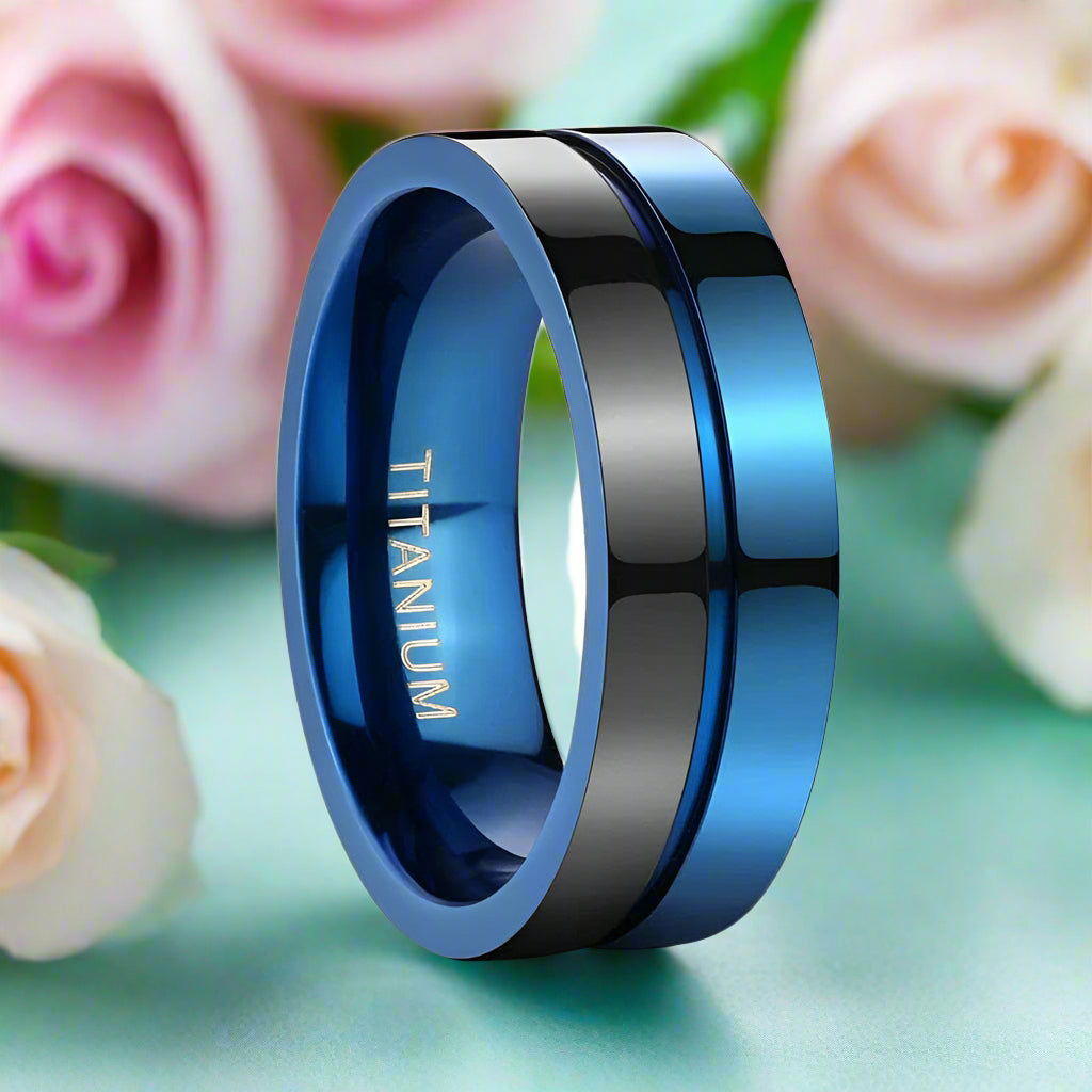 7mm Titanium Black & Blue Men's Wedding Band-Evani Naomi Jewelry
