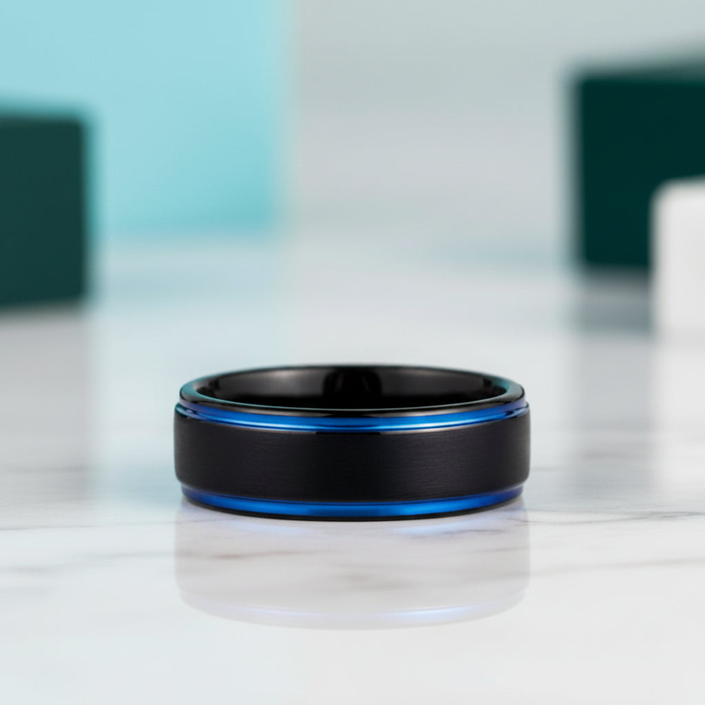 8mm Black & Blue Line Men's Tungsten Wedding Band-Evani Jewelry