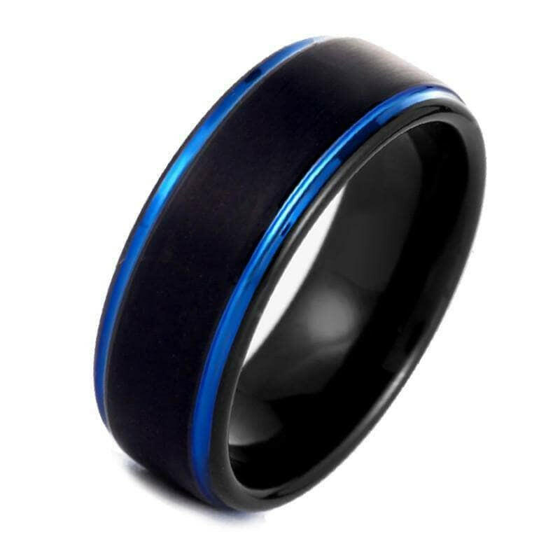 8mm Black & Blue Line Men's Tungsten Wedding Band-Evani Naomi Jewelry