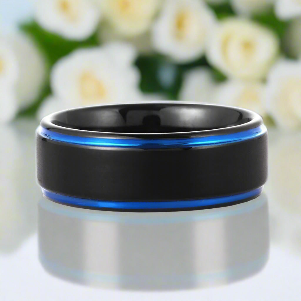 8mm Black & Blue Line Men's Tungsten Wedding Band-Evani Naomi Jewelry