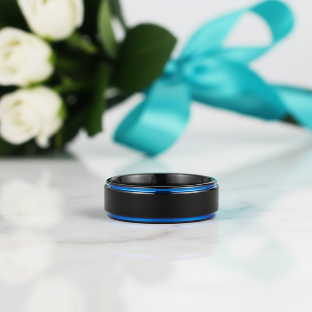 8mm Black & Blue Line Men's Tungsten Wedding Band-Evani Jewelry