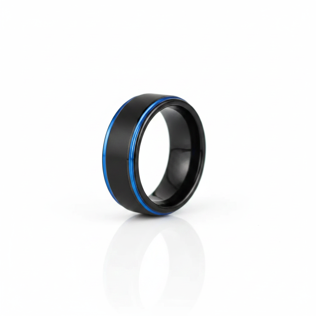 8mm Black & Blue Line Men's Tungsten Wedding Band - Evani Naomi Jewelry