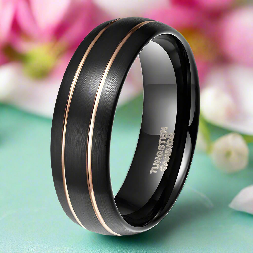 8mm Black Domed Tungsten Men's Wedding Band with Gold Line-Evani Naomi Jewelry