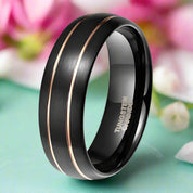 8mm Black Domed Tungsten Men's Wedding Band with Gold Line-Evani Naomi Jewelry