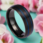 8mm Black Domed Tungsten Men's Wedding Band with Gold Line-Evani Naomi Jewelry