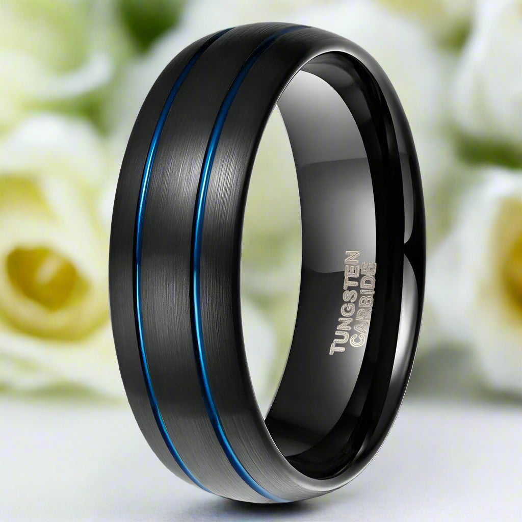 8mm Black Domed Tungsten Men's Wedding Band with Gold Line-Evani Naomi Jewelry