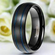 8mm Black Domed Tungsten Men's Wedding Band with Gold Line-Evani Naomi Jewelry