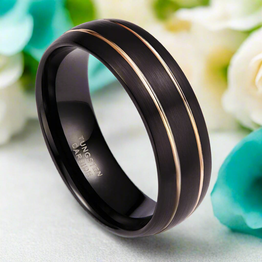8mm Black Domed Tungsten Men's Wedding Band with Gold Line-Evani Naomi Jewelry