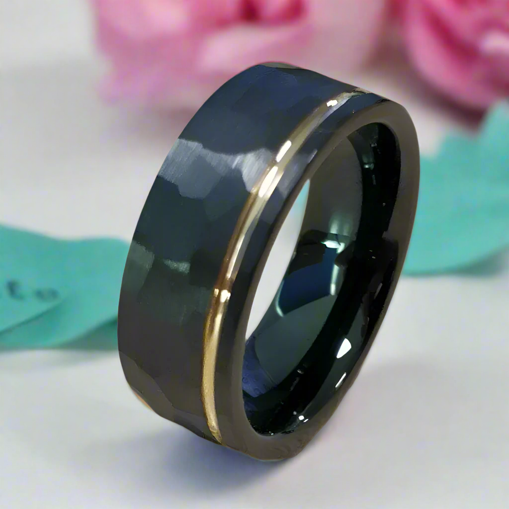 8mm Black & Rose Gold Faceted Tungsten Women's Wedding Band-Evani Jewelry