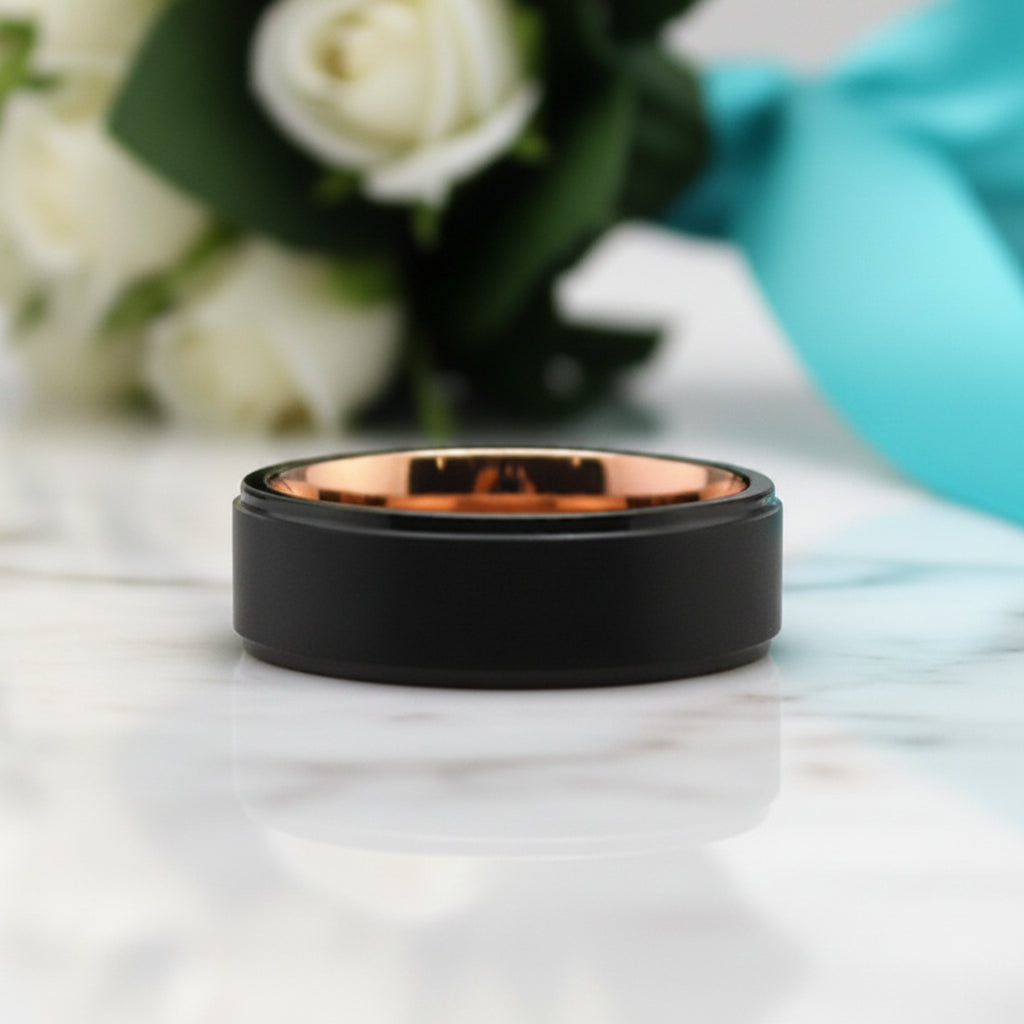 8mm Black & Rose Gold Tungsten Men's Wedding Band-Evani Jewelry