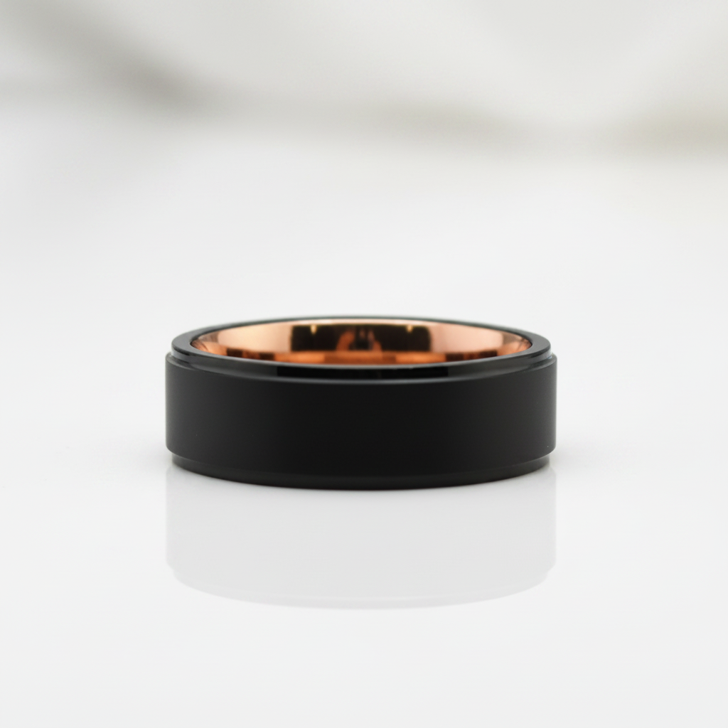 8mm Black & Rose Gold Tungsten Men's Wedding Band - Evani Naomi Jewelry