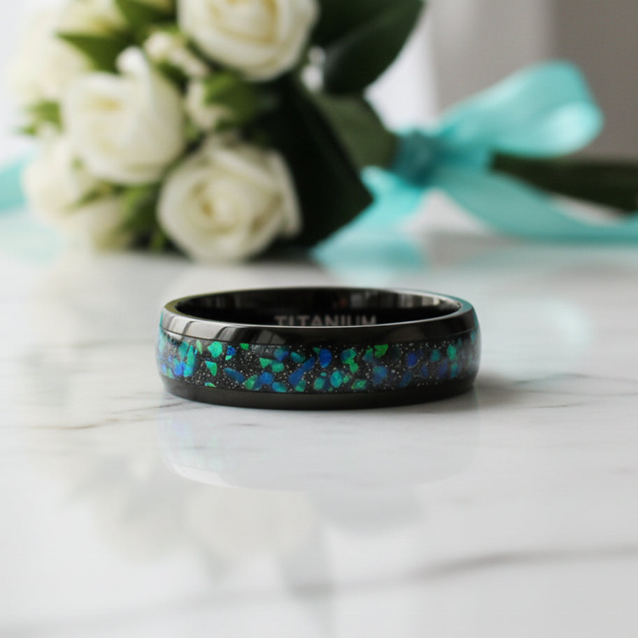 8mm Dome Titanium Men's Wedding Band with Opal Inlay-Evani Jewelry