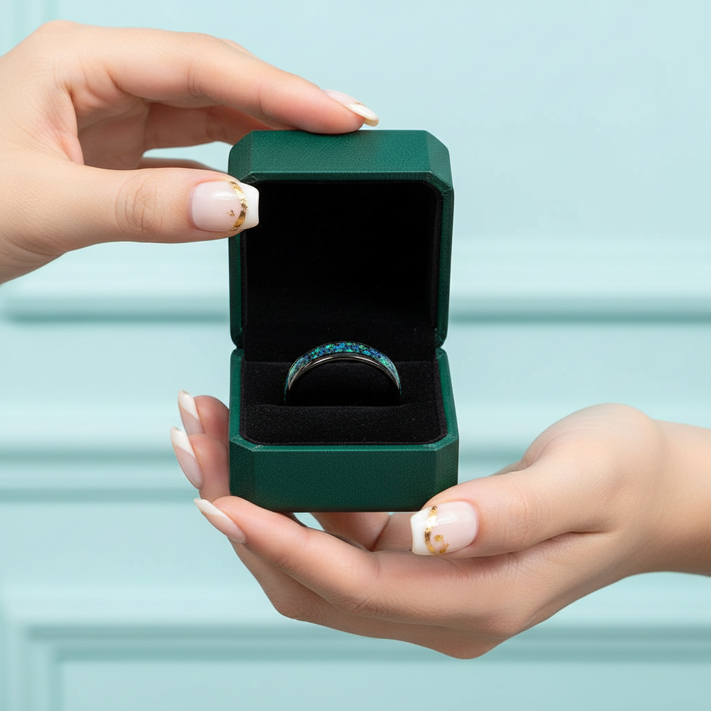 8mm Dome Titanium Men's Wedding Band with Opal Inlay - Evani Naomi Jewelry