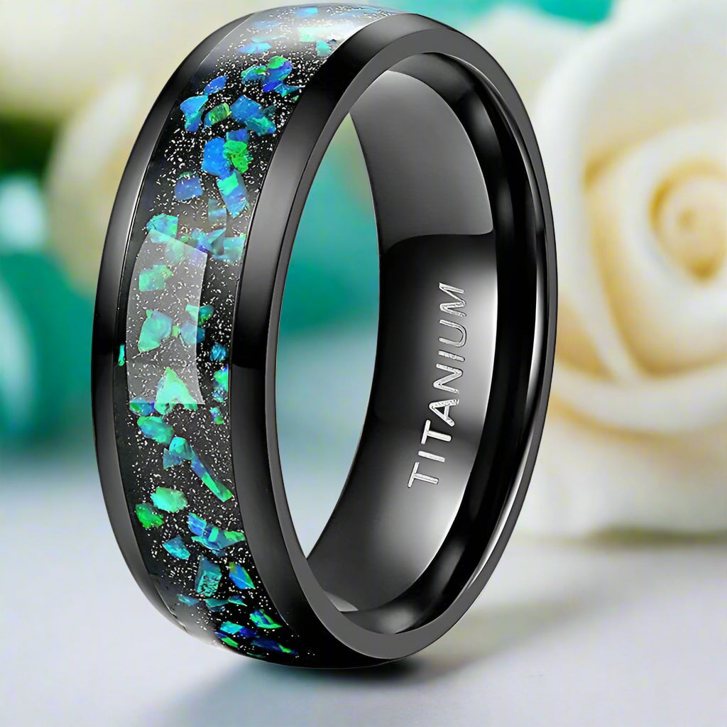 8mm Dome Titanium Men's Wedding Band with Opal Inlay-Evani Naomi Jewelry