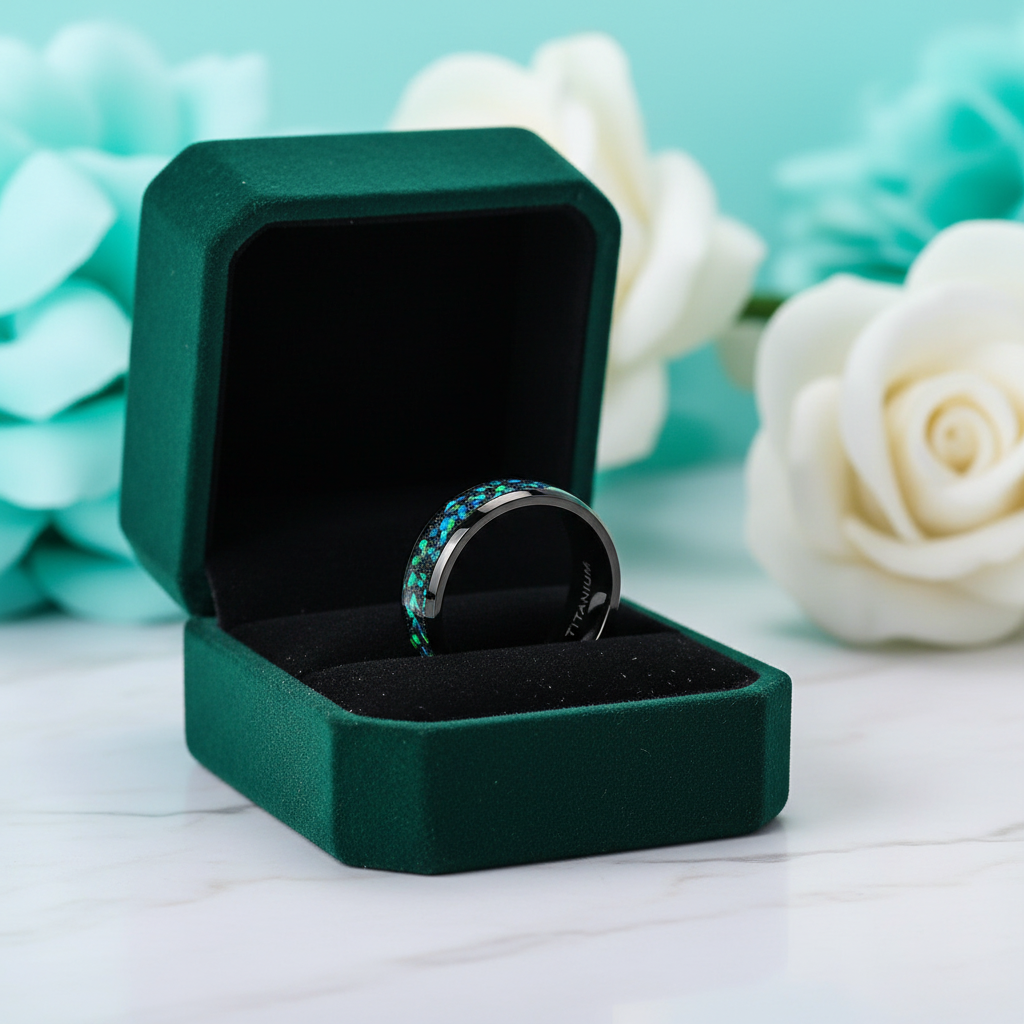 8mm Dome Titanium Men's Wedding Band with Opal Inlay - Evani Naomi Jewelry