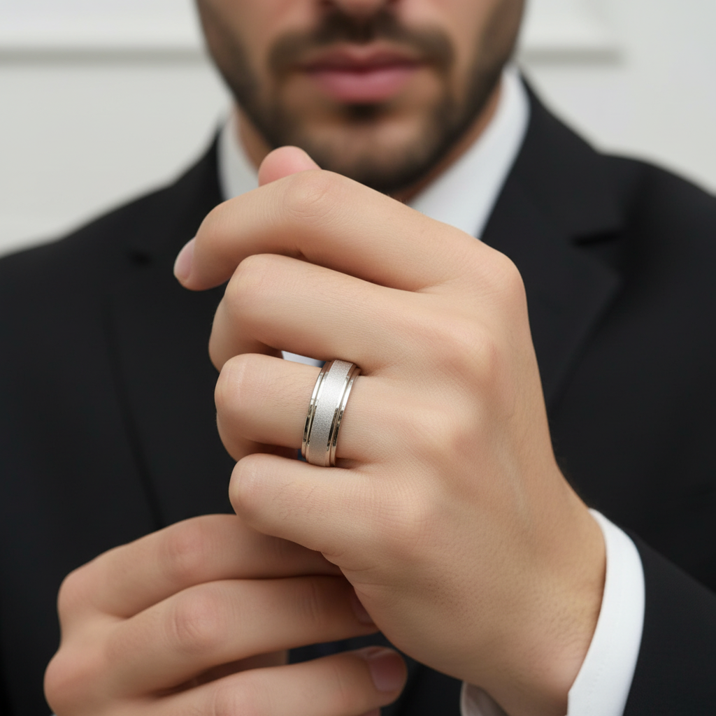 8mm Frosted Center Tungsten Men's Wedding Band with Ladder Edges-Evani Jewelry