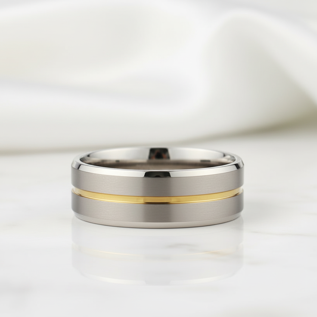 8mm Polished Edges Tungsten Wedding Band with Gold Stripe - Evani Naomi Jewelry