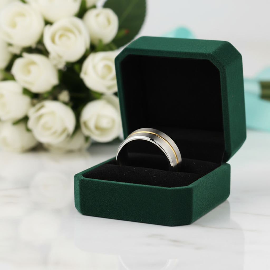 8mm Polished Edges Tungsten Wedding Band with Gold Stripe - Evani Naomi Jewelry