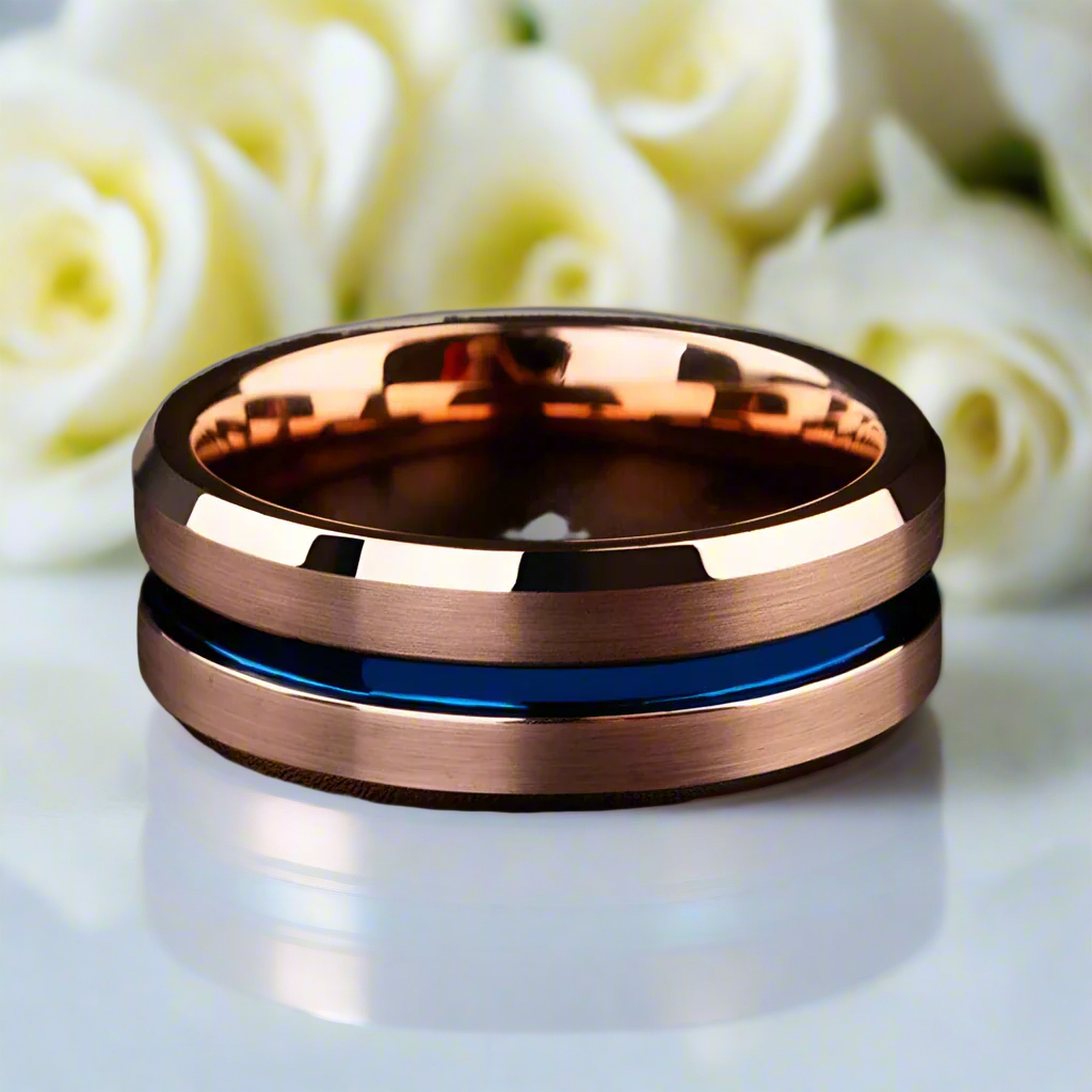 8mm Rose Gold Men's Tungsten Wedding Band with Blue Line-Evani Naomi Jewelry